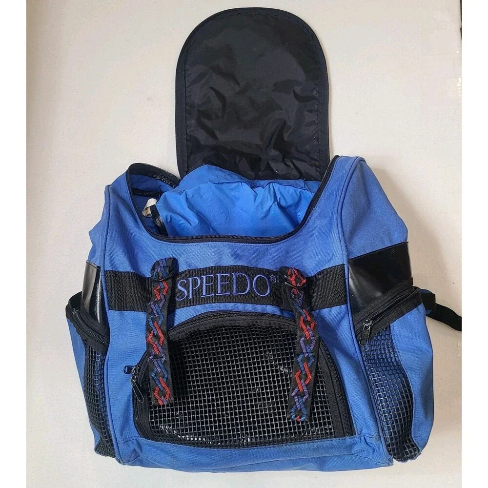 Vintage Y2K Speedo Large Blue Backpack Book Bag Swim Bag Sports Tribal Straps - Picture 2 of 8